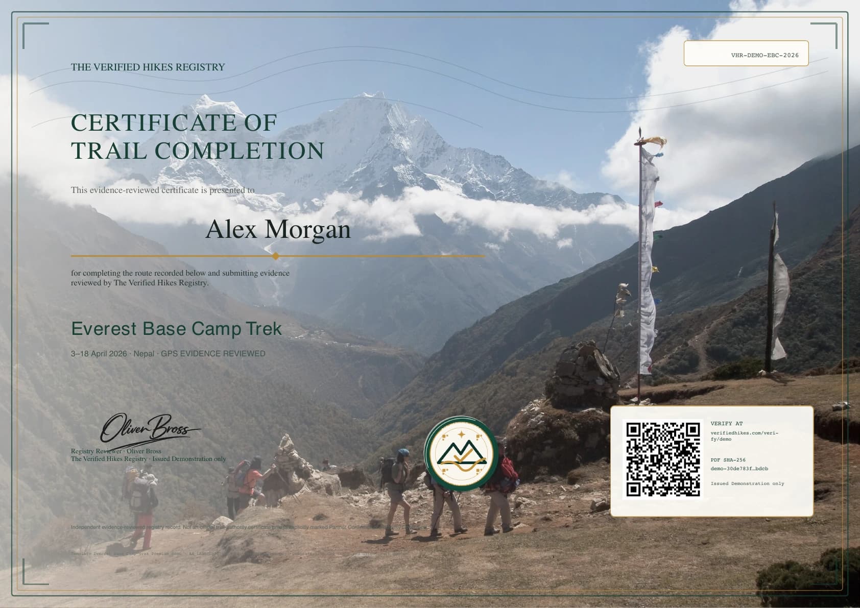Current Verified Hikes certificate design demonstrated for Alex Morgan and Everest Base Camp Trek