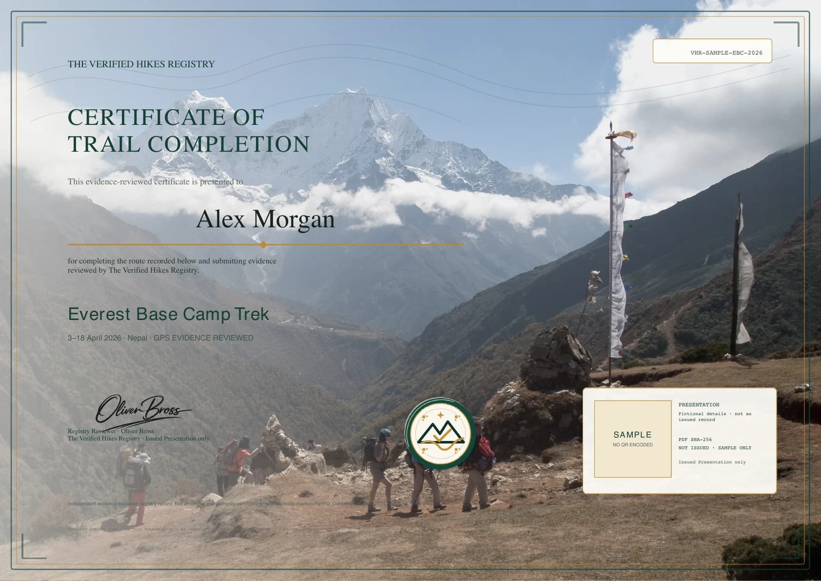 Fictional Verified Hikes certificate presentation for Everest Base Camp Trek · Alex Morgan