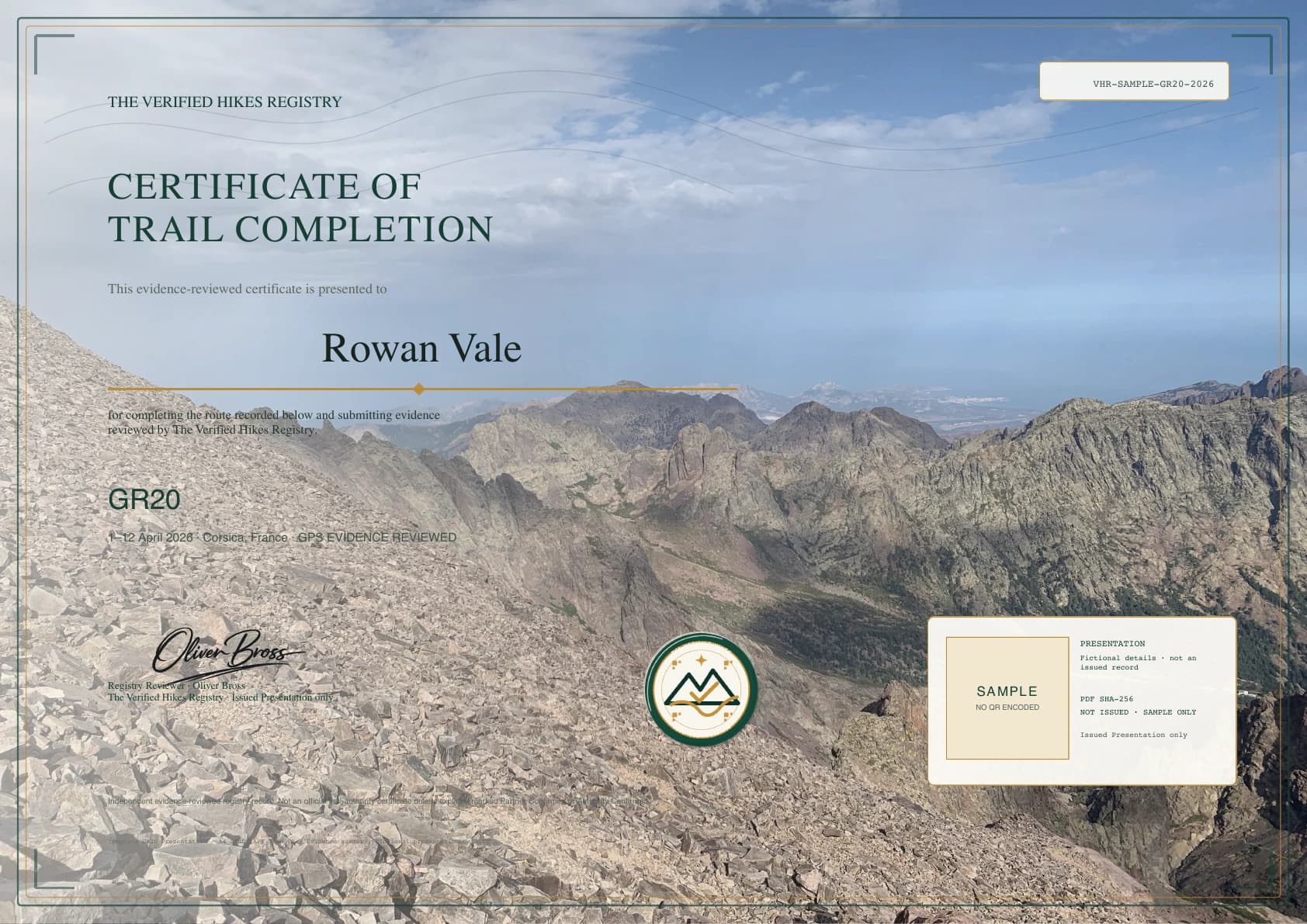 Fictional Verified Hikes certificate presentation for GR20 · Rowan Vale