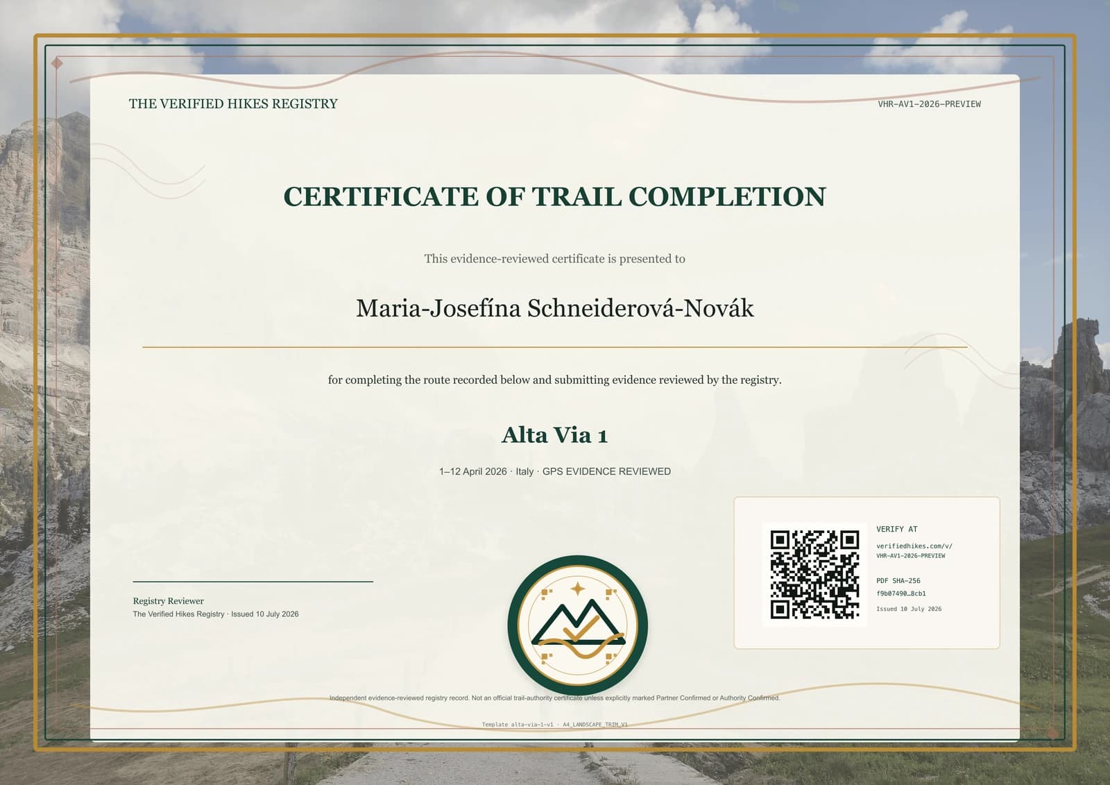 Alta Via 1 place-specific certificate preview