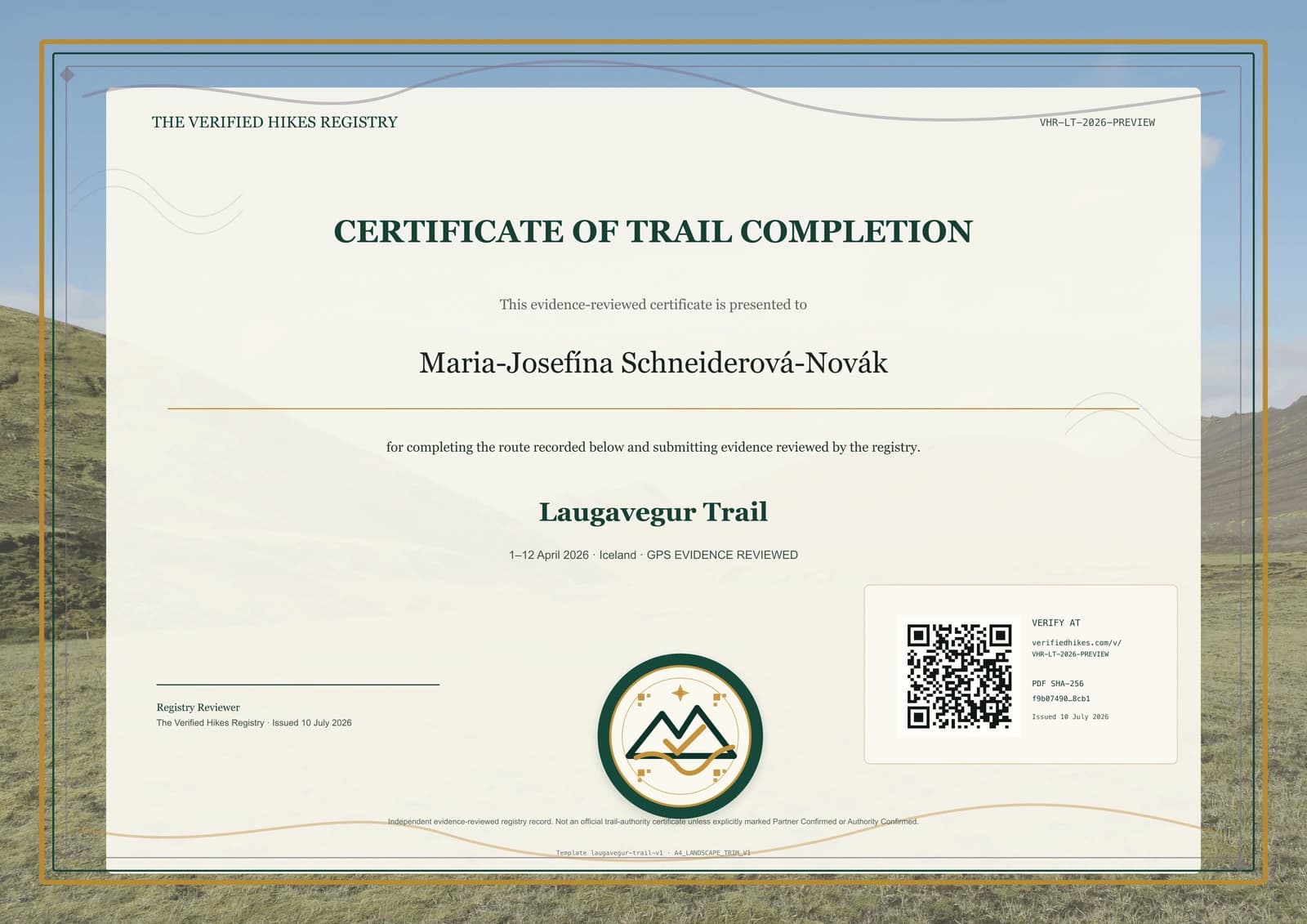 Laugavegur Trail place-specific certificate preview