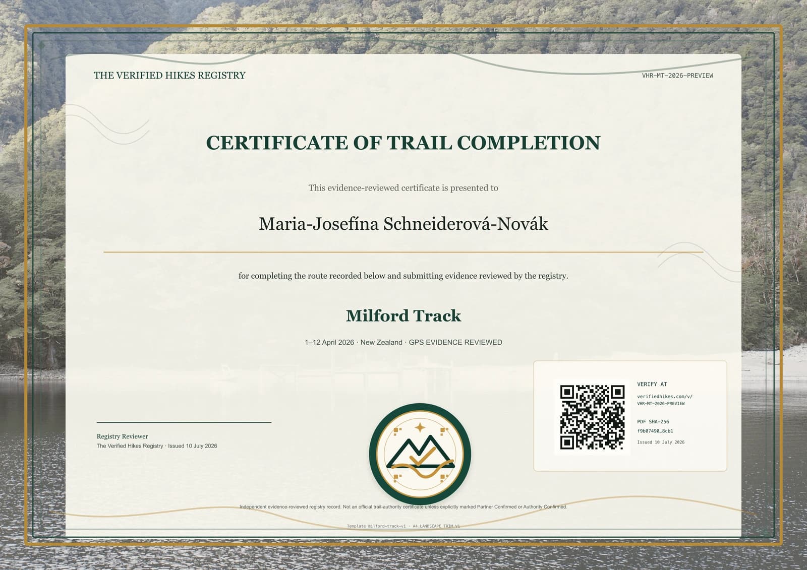 Milford Track place-specific certificate preview