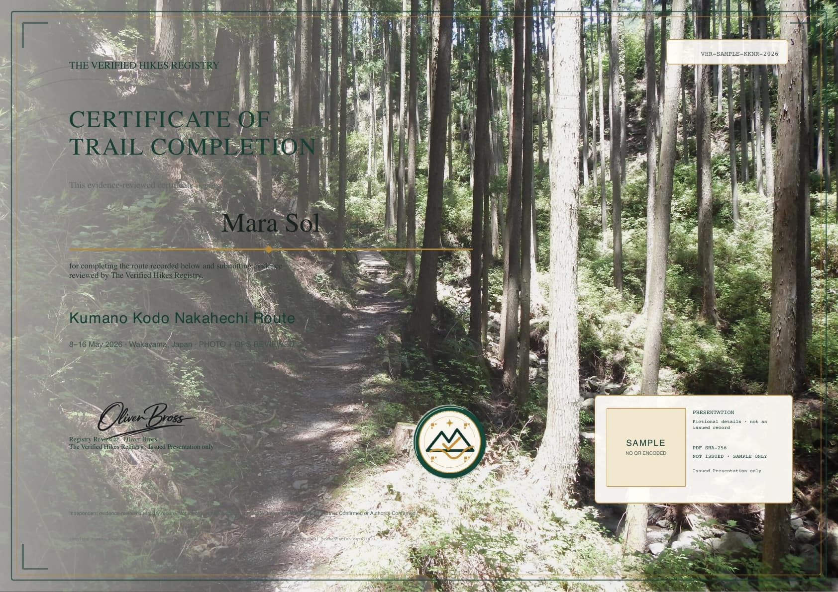 Fictional Verified Hikes certificate presentation for Kumano Kodo Nakahechi Route · Mara Sol