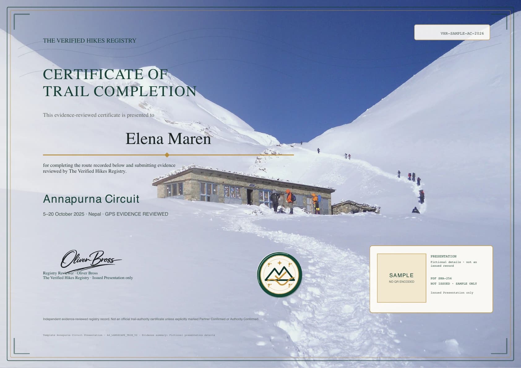 Fictional Verified Hikes certificate presentation for standard Annapurna Circuit · fictional presentation
