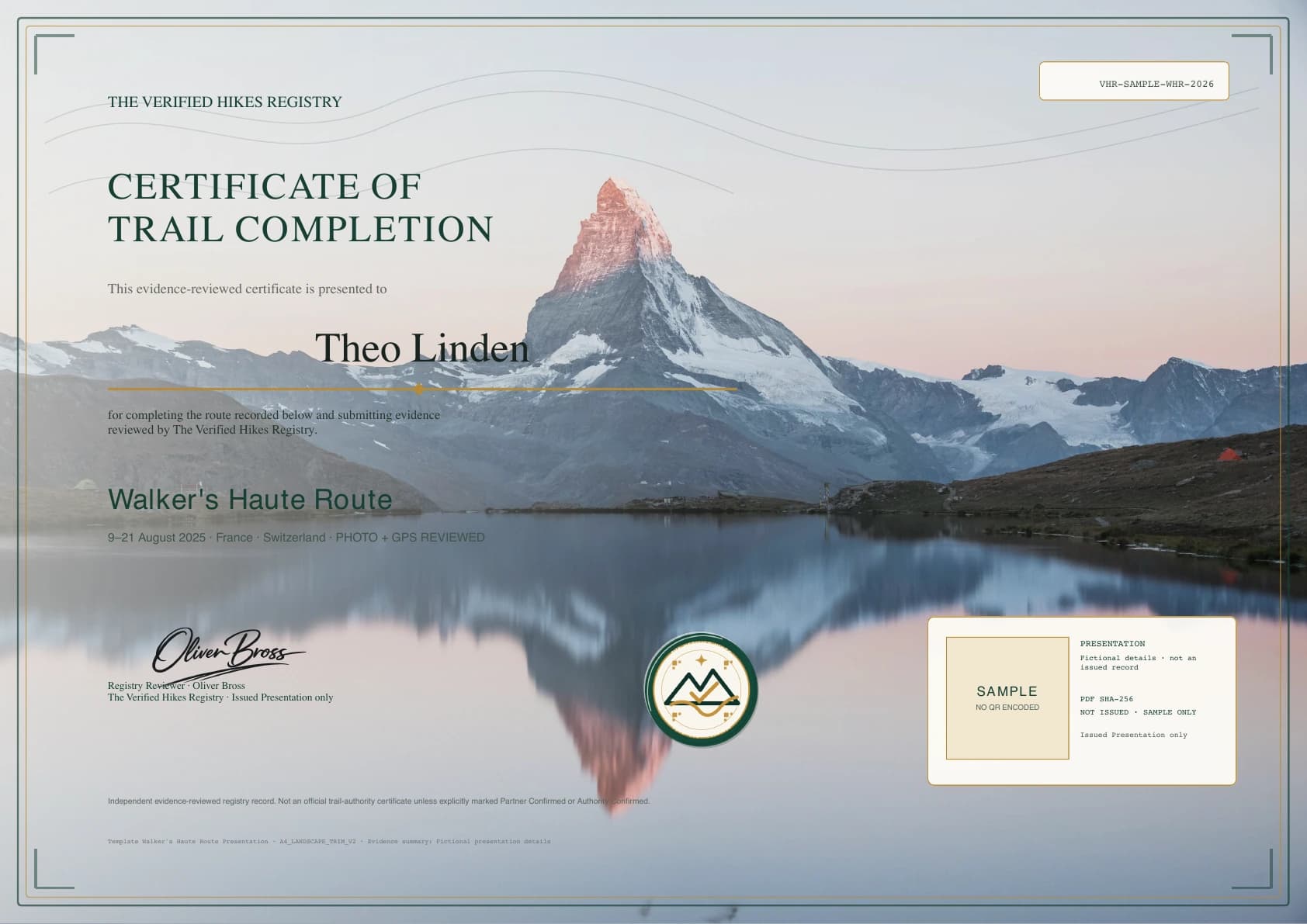 Fictional Verified Hikes certificate presentation for Walker's Haute Route · custom-photo sample