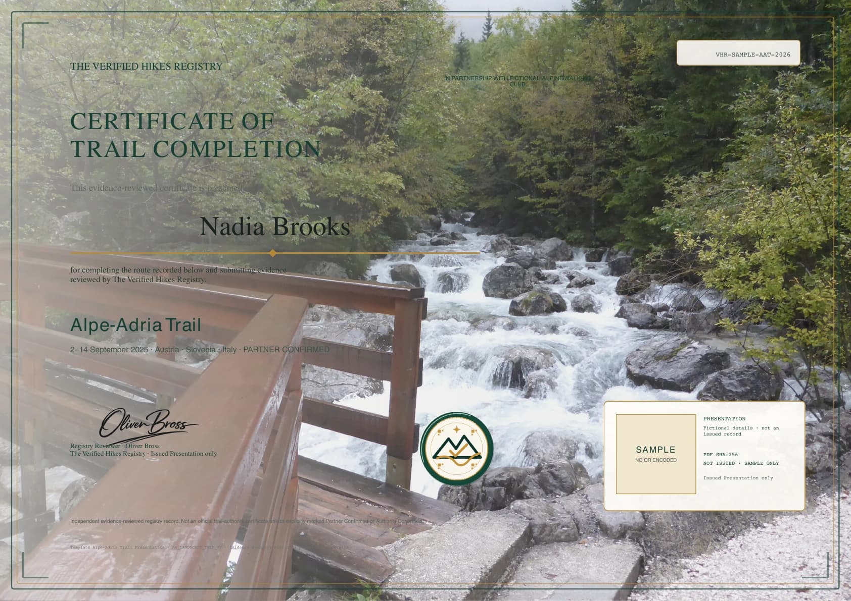 Fictional Verified Hikes certificate presentation for partner-associated West Highland Way · fictional presentation