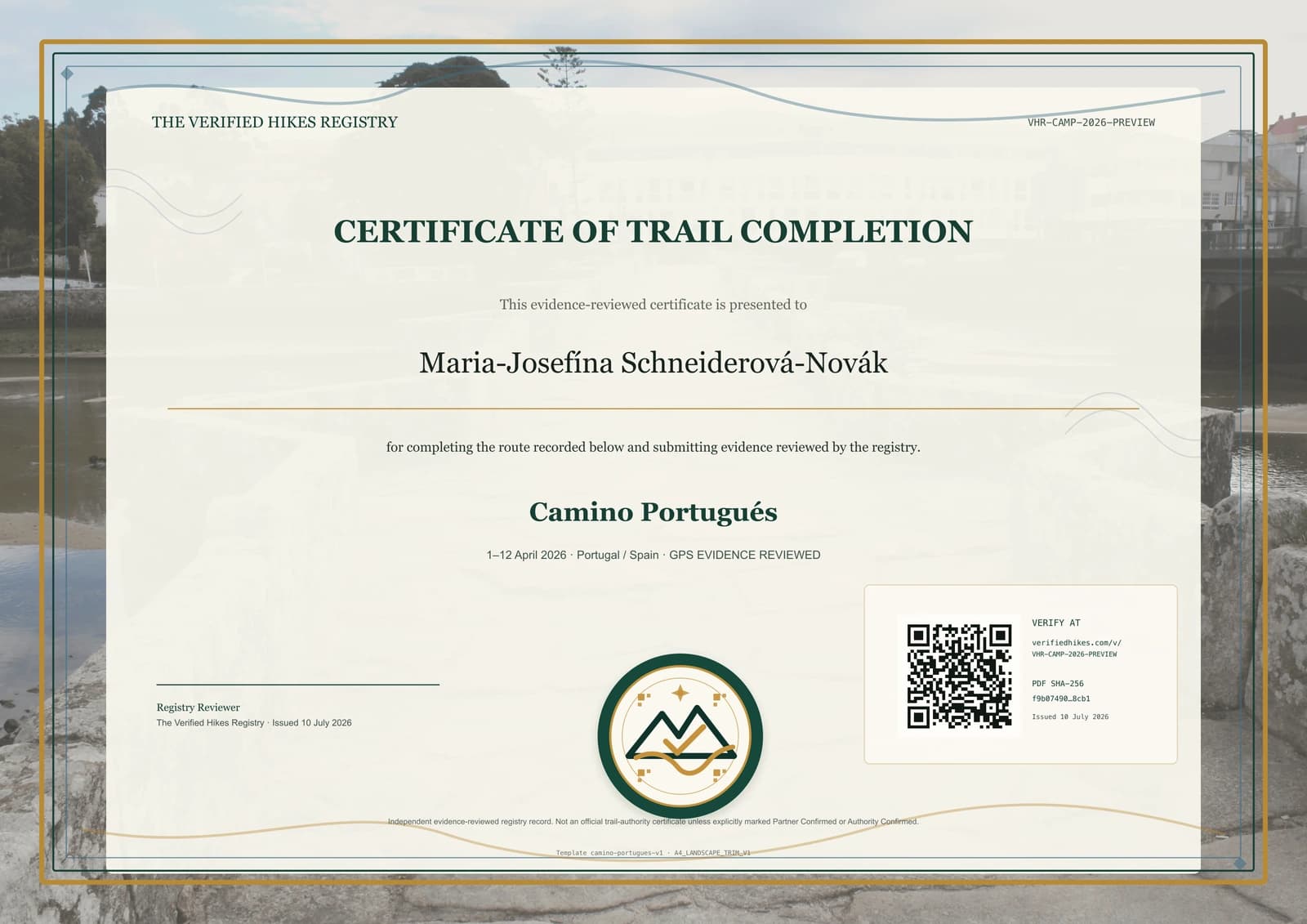 Camino Portugués place-specific certificate preview