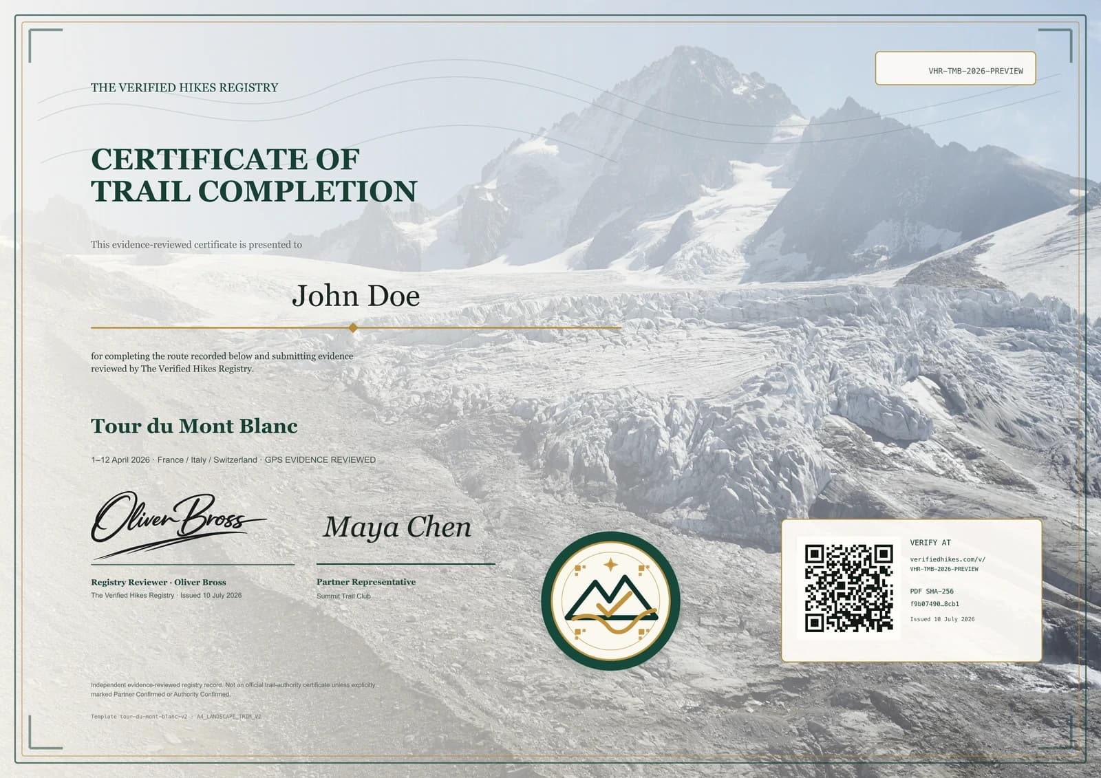 Example partner-associated Verified Hikes certificate