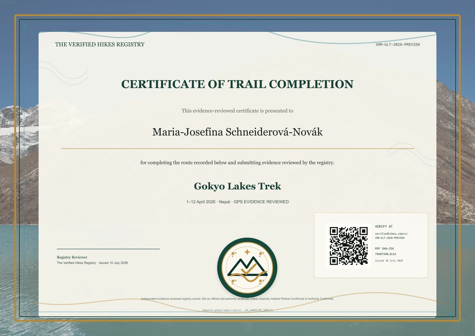 Gokyo Lakes Trek place-specific certificate preview