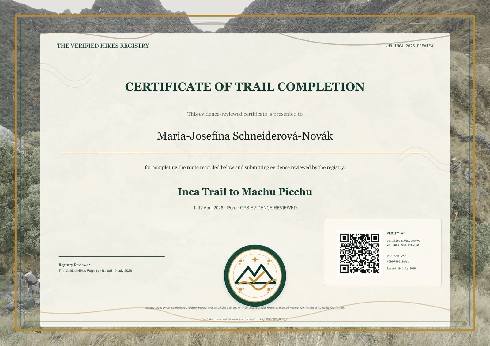 Inca Trail to Machu Picchu place-specific certificate preview