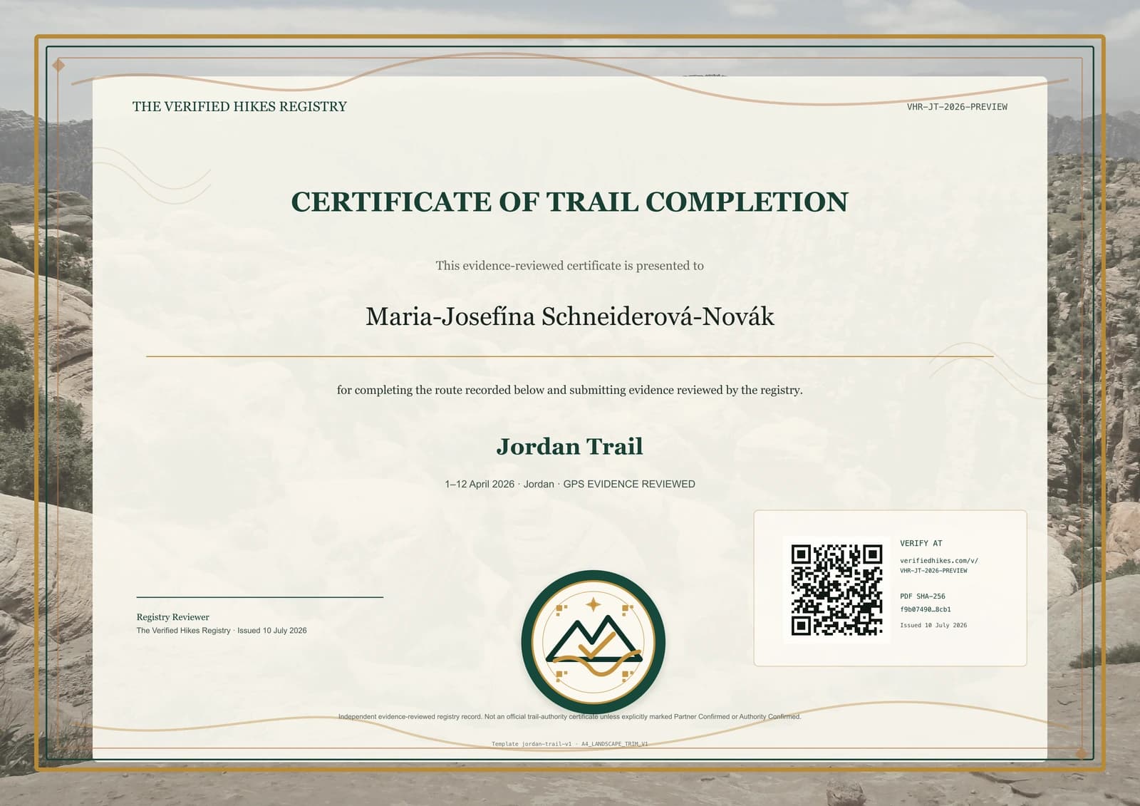 Jordan Trail place-specific certificate preview
