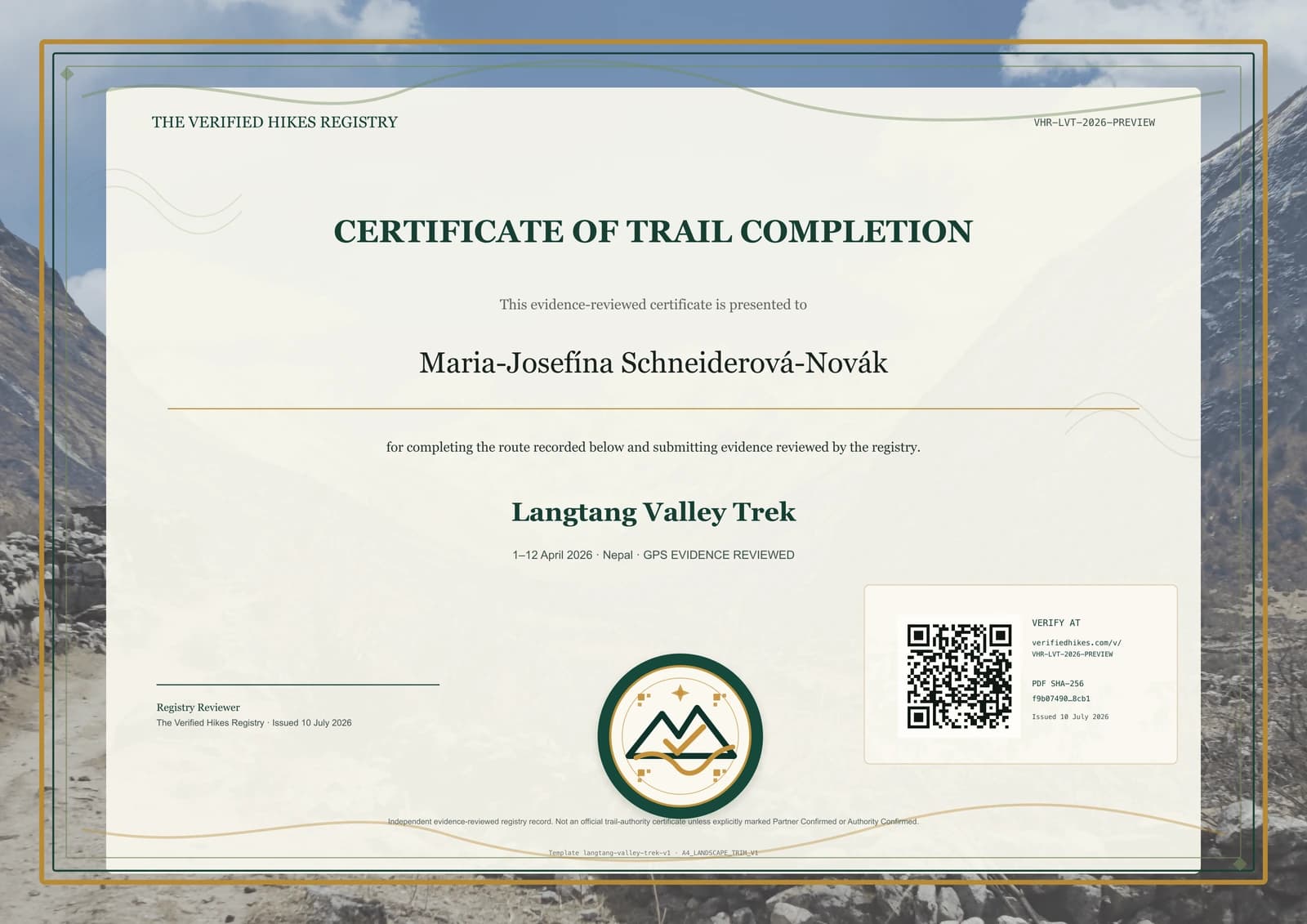 Langtang Valley Trek place-specific certificate preview