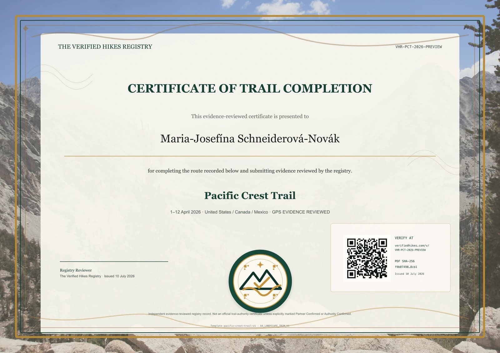 Pacific Crest Trail place-specific certificate preview