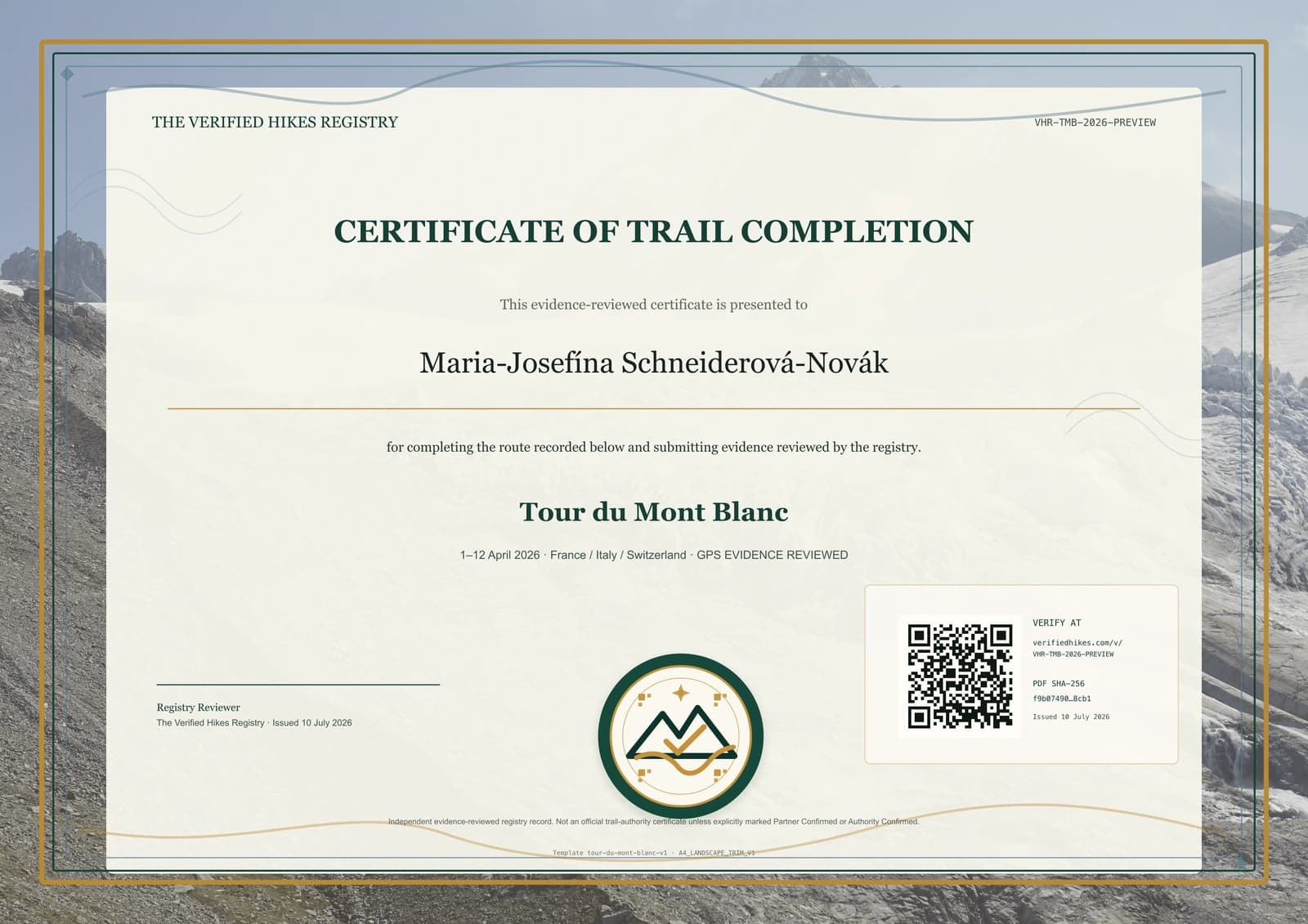 Tour du Mont Blanc place-specific certificate preview