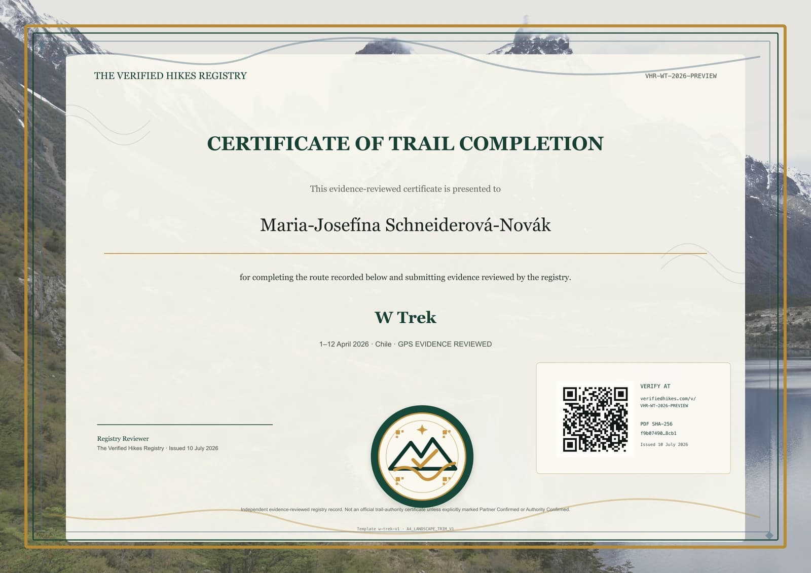 W Trek place-specific certificate preview